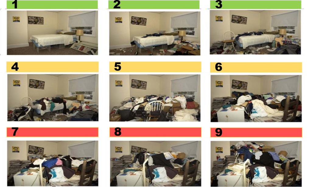This image shows 9 versions of the same bedroom, each with increasing amounts of clutter. The images are labelled 1 to 9 with 1 being the tidiest / least cluttered.