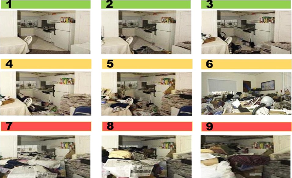 This image shows 9 versions of the same kitchen, each with increasing amounts of clutter. The images are labelled 1 to 9 with 1 being the tidiest / least cluttered.