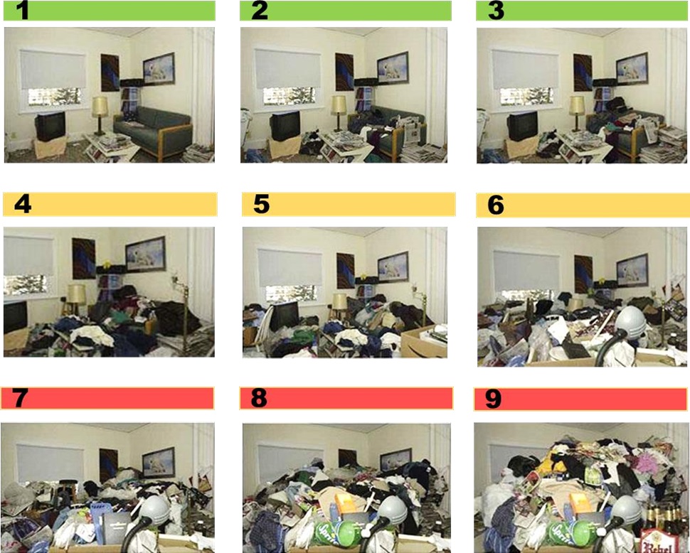 This image shows 9 versions of the same bedroom, each with increasing amounts of clutter. The images are labelled 1 to 9 with 1 being the tidiest / least cluttered.